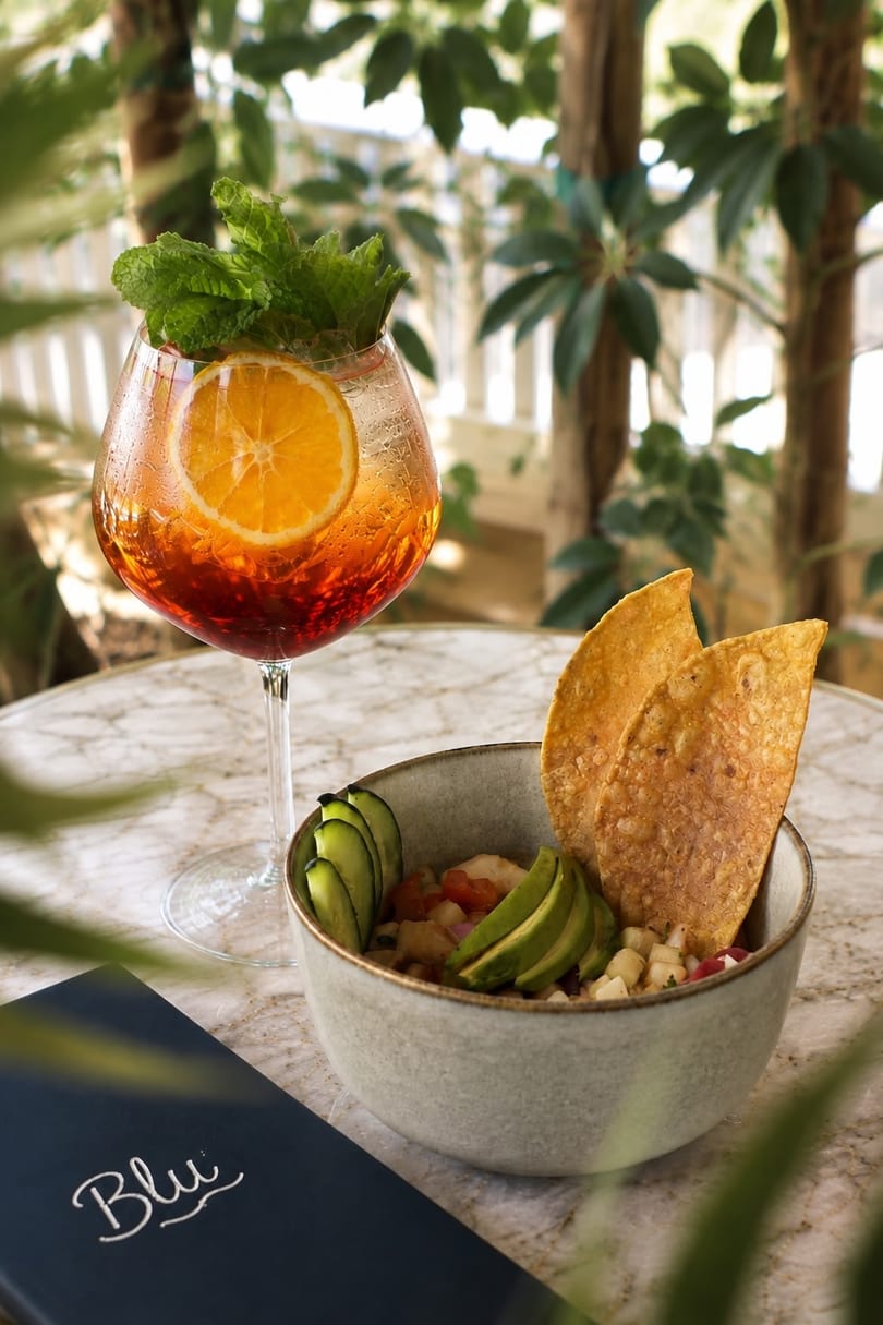 A Blu restaurant menu, a cocktail with orange and mint, and a ceviche bowl with chips.