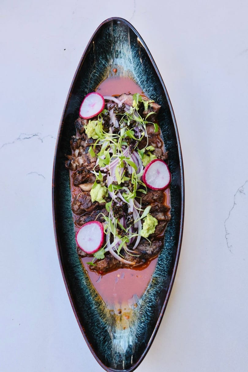 Grilled meat slices with red sauce, topped with radishes, red onions, avocado, and microgreens.